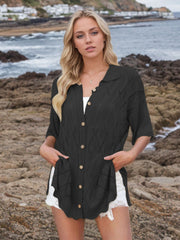 Black diamond knit collared cardigan shirt with short sleeves and button front.
