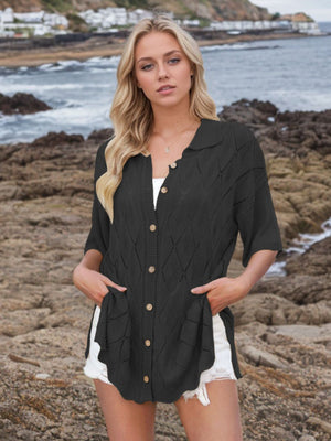 Black diamond knit collared cardigan shirt with short sleeves and button front.