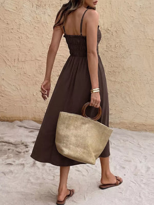 Charming Tie-front Midi Dress in coffee brown with smocked bodice and tie straps, A-line skirt.