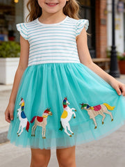 Toddler girls' turquoise tulle dress with embroidered unicorns and striped cotton top.
