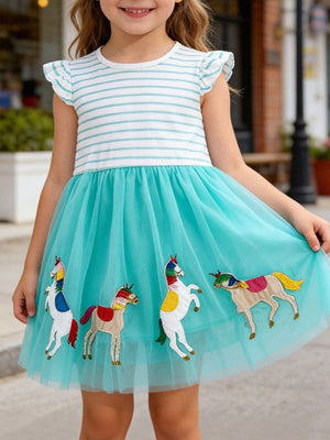 Toddler girls' turquoise tulle dress with embroidered unicorns and striped cotton top.