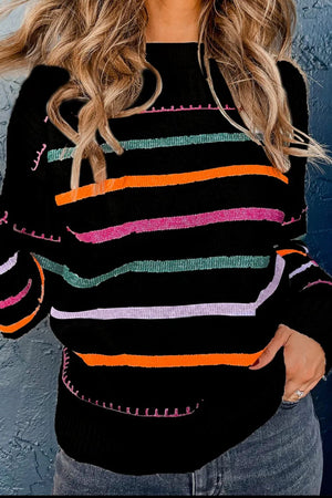 Black ribbed knit pullover sweater with rainbow stripes and contrast stitching detail.