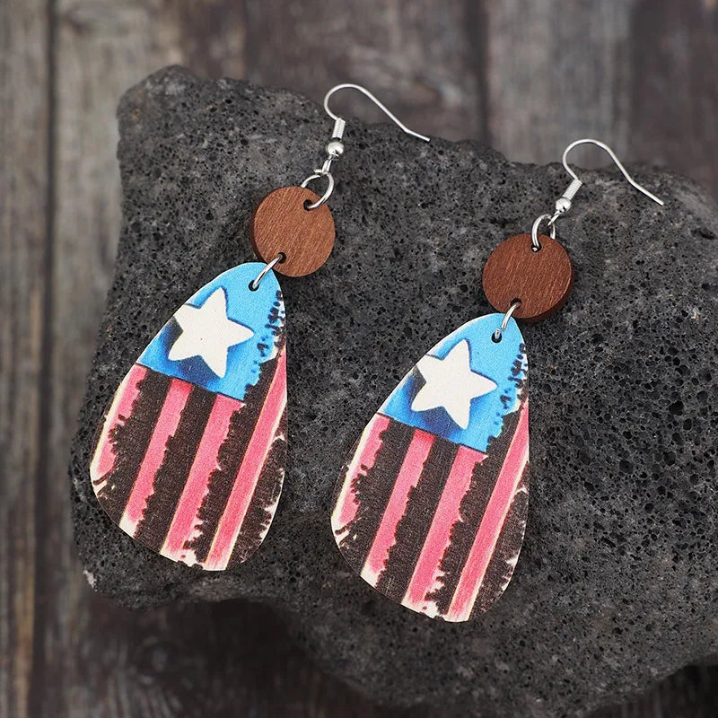 Patriotic wood teardrop earrings with American flag design and wooden accent.