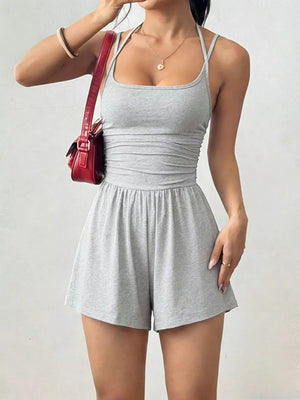 Ruched Spaghetti Strap Romper in Olive Green, view 19