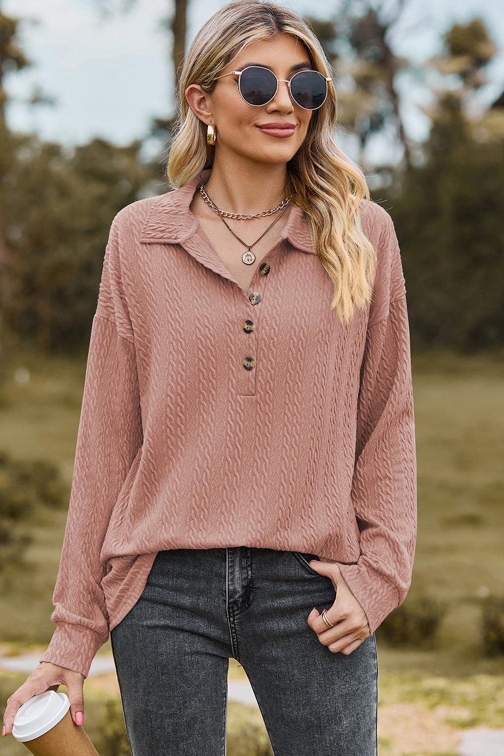 Dusty Pink textured polo-neck sweater with button detail.