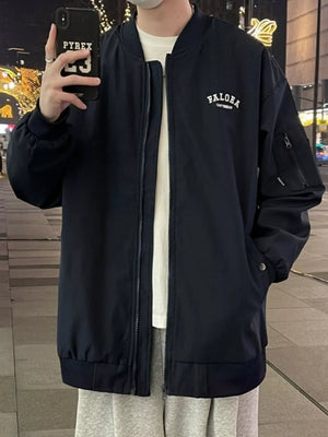 Black bomber jacket with white chest logo and zippered sleeve pocket.