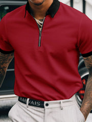 Deep Red textured zip-neck polo with black collar and cuffs.