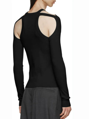 Black ribbed knit top with shoulder cutouts and long sleeves.