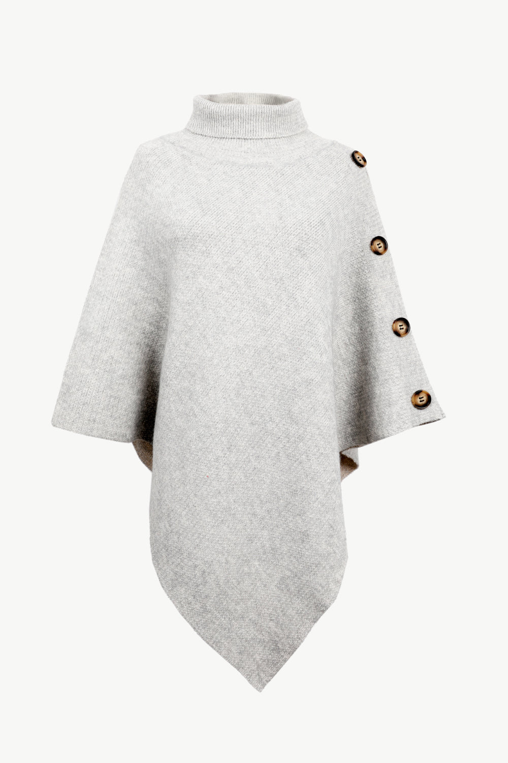 Light gray knit poncho with turtleneck and button detail on shoulder.