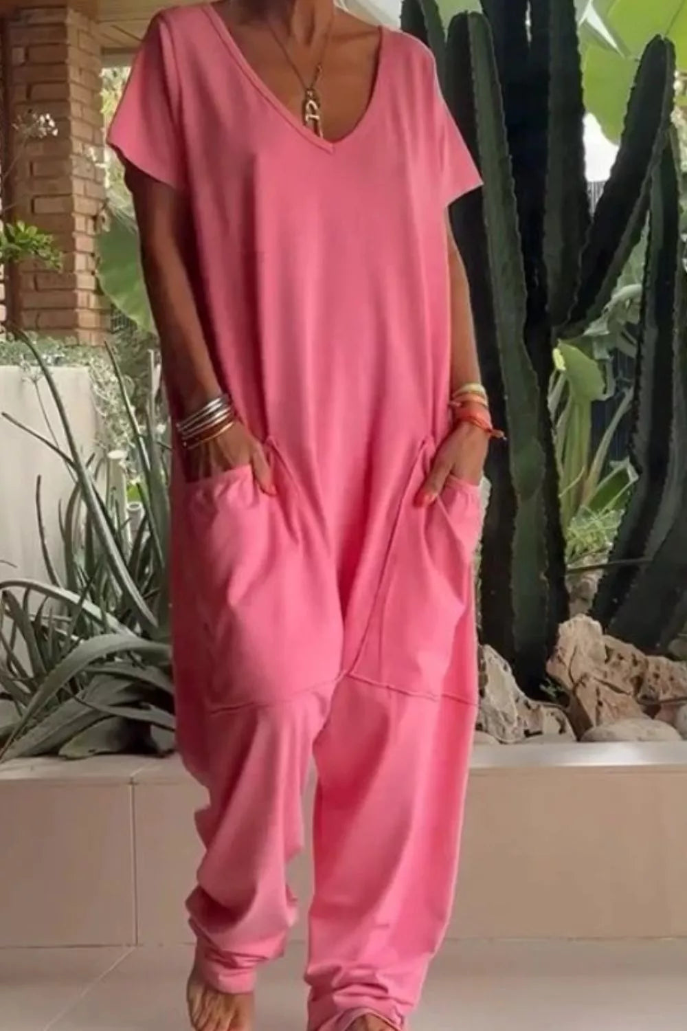 Casual V-neck Short Sleeve Jumpsuit With Pockets in Orange, view 12