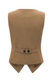 Camel V-neck button-down vest with adjustable back tabs and two buttons.