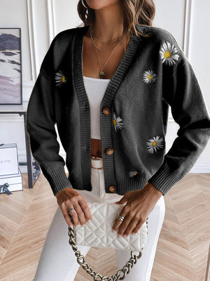 Black button-down cardigan with embroidered daisies and V-neck.