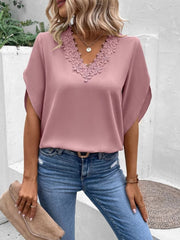 Dusty Pink flutter sleeve blouse with scalloped lace trim V-neck.