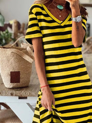 Full Size Striped V-neck Midi Dress With Side in Yellow, fabric detail