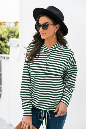 Forest green and white striped hoodie with button neck and drawstring waist