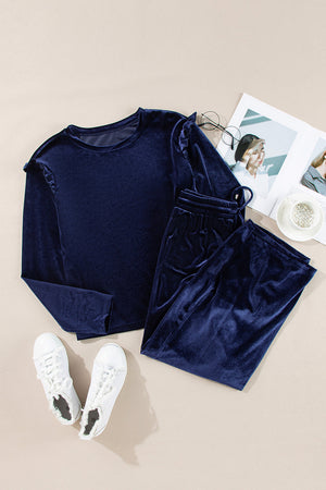 Velvet culotte set in indigo with flutter sleeves and drawstring waist.