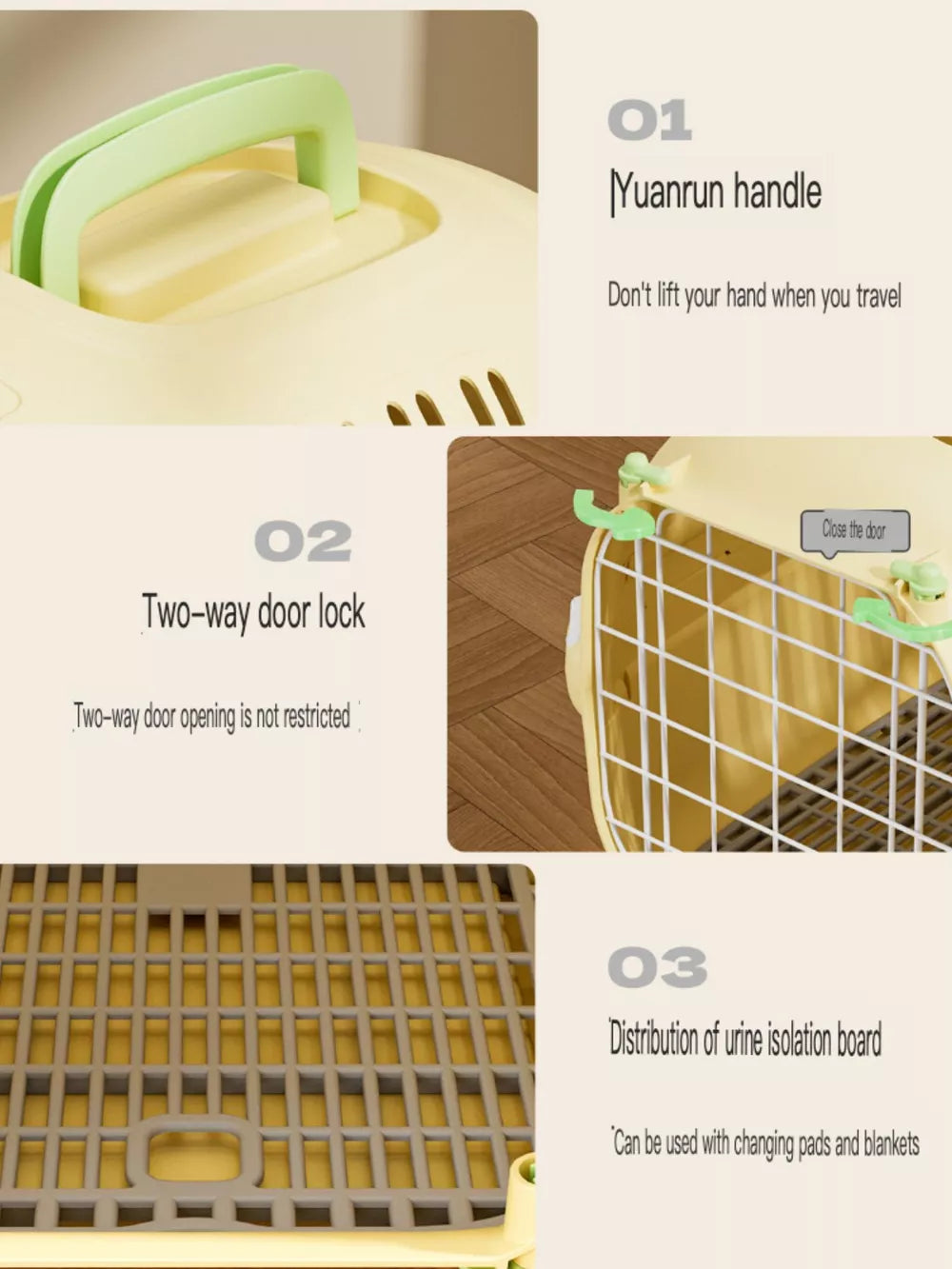 Cheerful pet carrier bag in pastel yellow with green handle and two-way door lock.