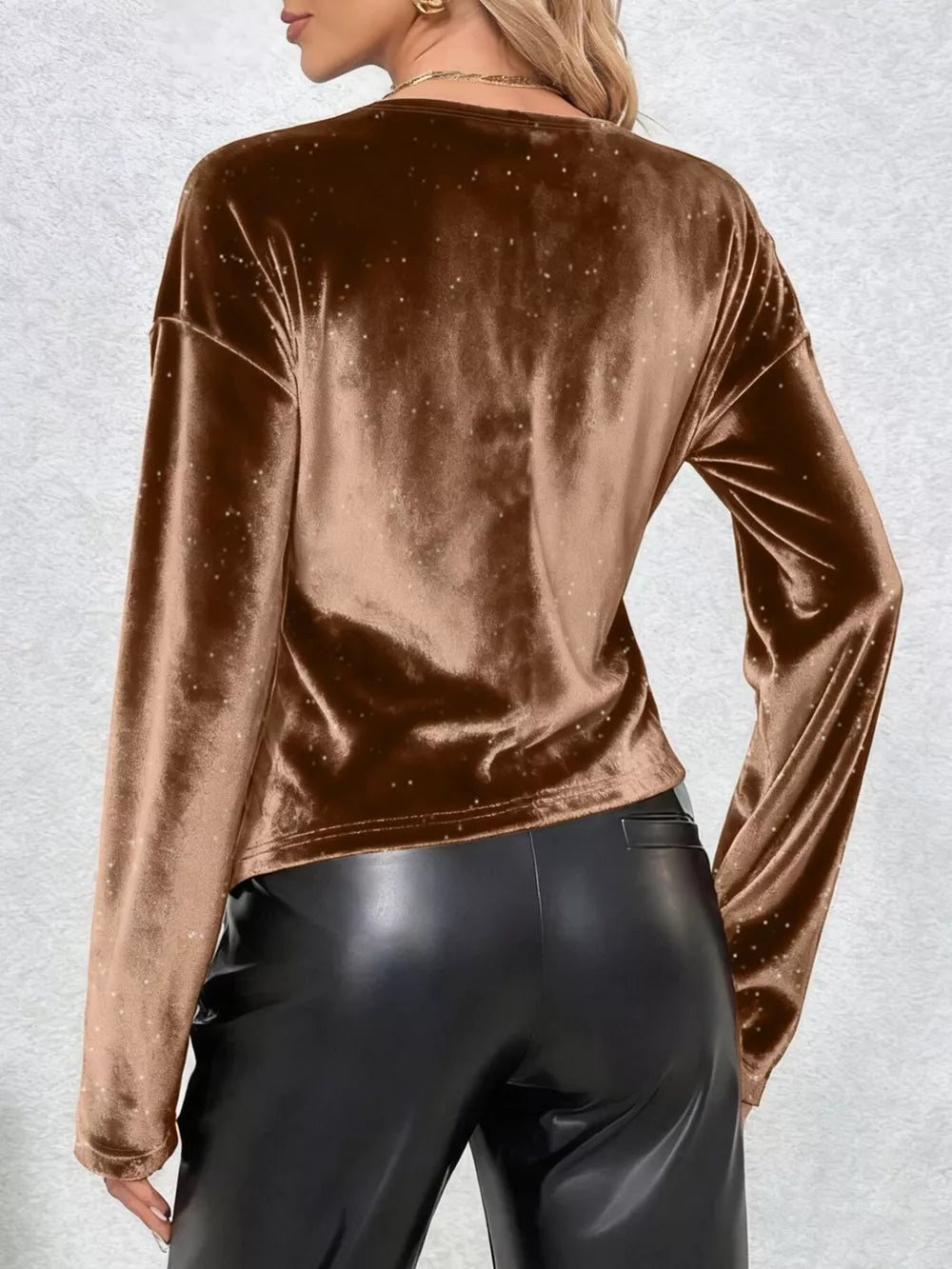 Brown velvet long sleeve tunic with scattered glitter detail.