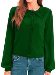 Green knit cardigan with scalloped collar, button front, and balloon sleeves.