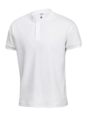 Men's white textured ribbed short sleeve henley t-shirt with button collar