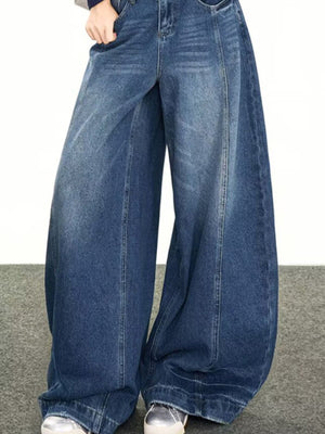 Men's blue wide leg classic denim jeans with a comfortable fit.