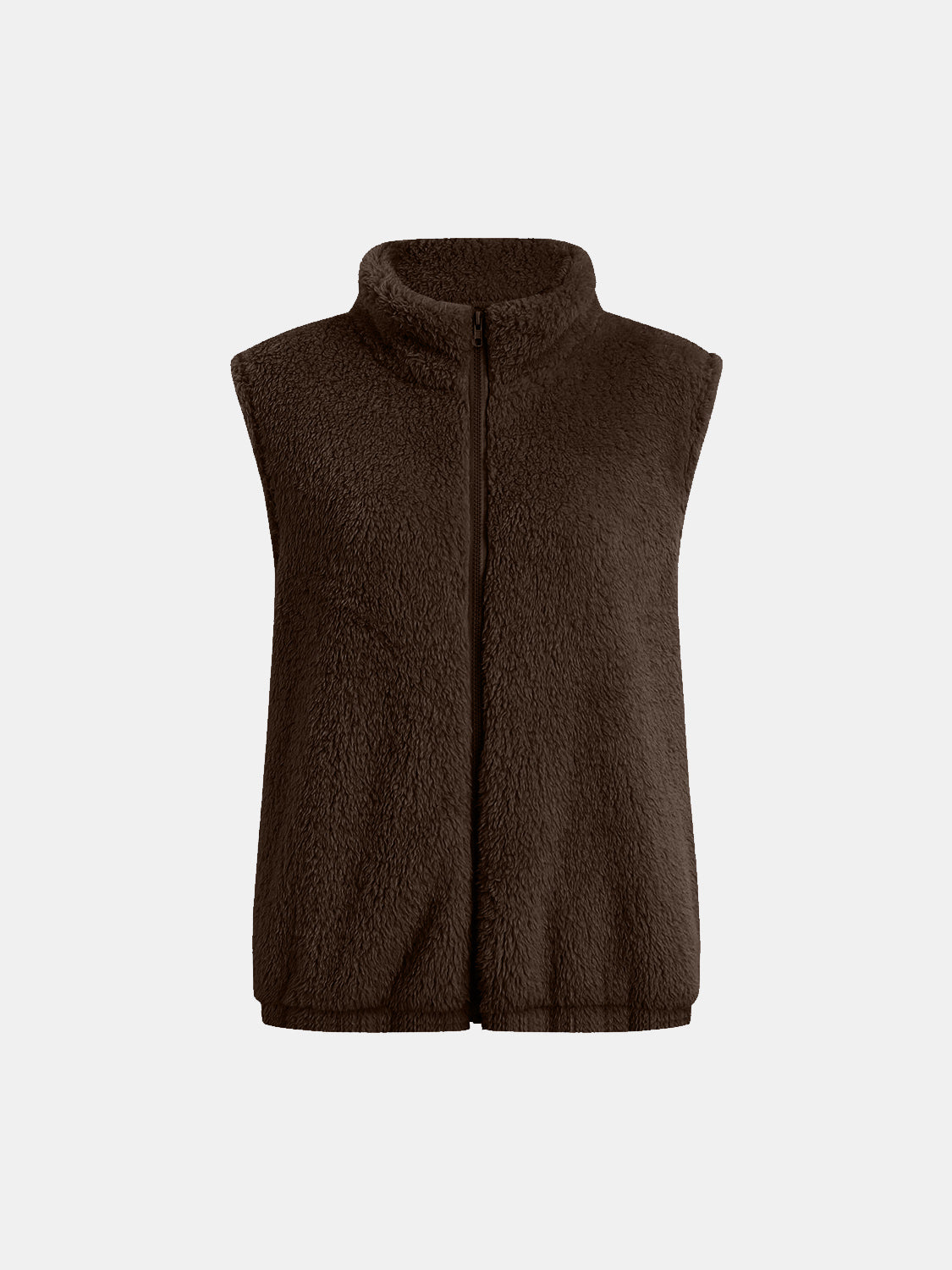 Chocolate teddy fleece stand-collar vest with full zip closure