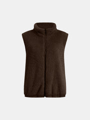 Chocolate teddy fleece stand-collar vest with full zip closure