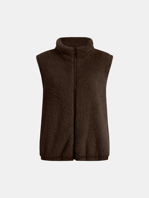 Chocolate teddy fleece stand-collar vest with full zip closure