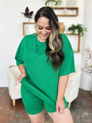 Textured boxy tee and shorts set in mid green, casual outfit
