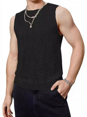 Black mesh muscle tee with diamond pattern and ribbed hem.
