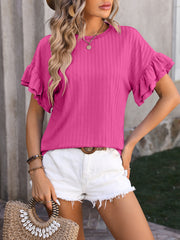 Mandy Flutter Sleeve Ruffle Blouse in Hot Pink with textured vertical stripes and ruffled short sleeves.
