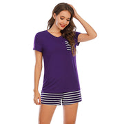 Violet V-neck lounge set with striped pocket and shorts