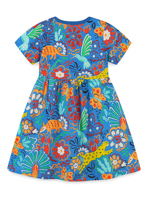Blue cotton toddler dress with whimsical animal and floral print, short sleeves, and gathered waist.