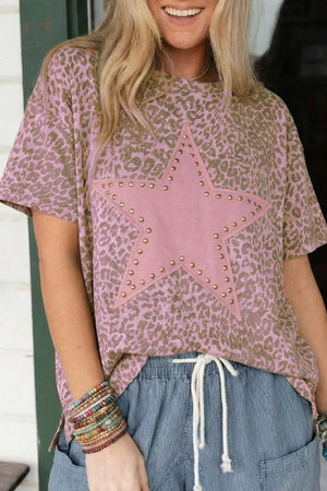 Leopard print t-shirt with studded pink star detail and short sleeves.