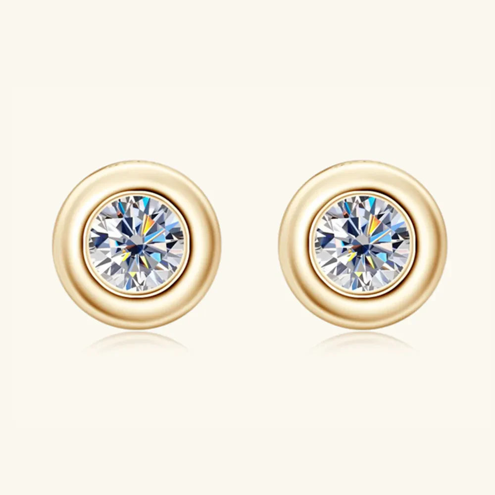 Gold bezel-set crystal stud earrings with D color grade clear stones.