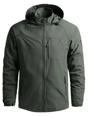Men's plus size army green hooded zip jacket with chest pocket and zippered pockets.