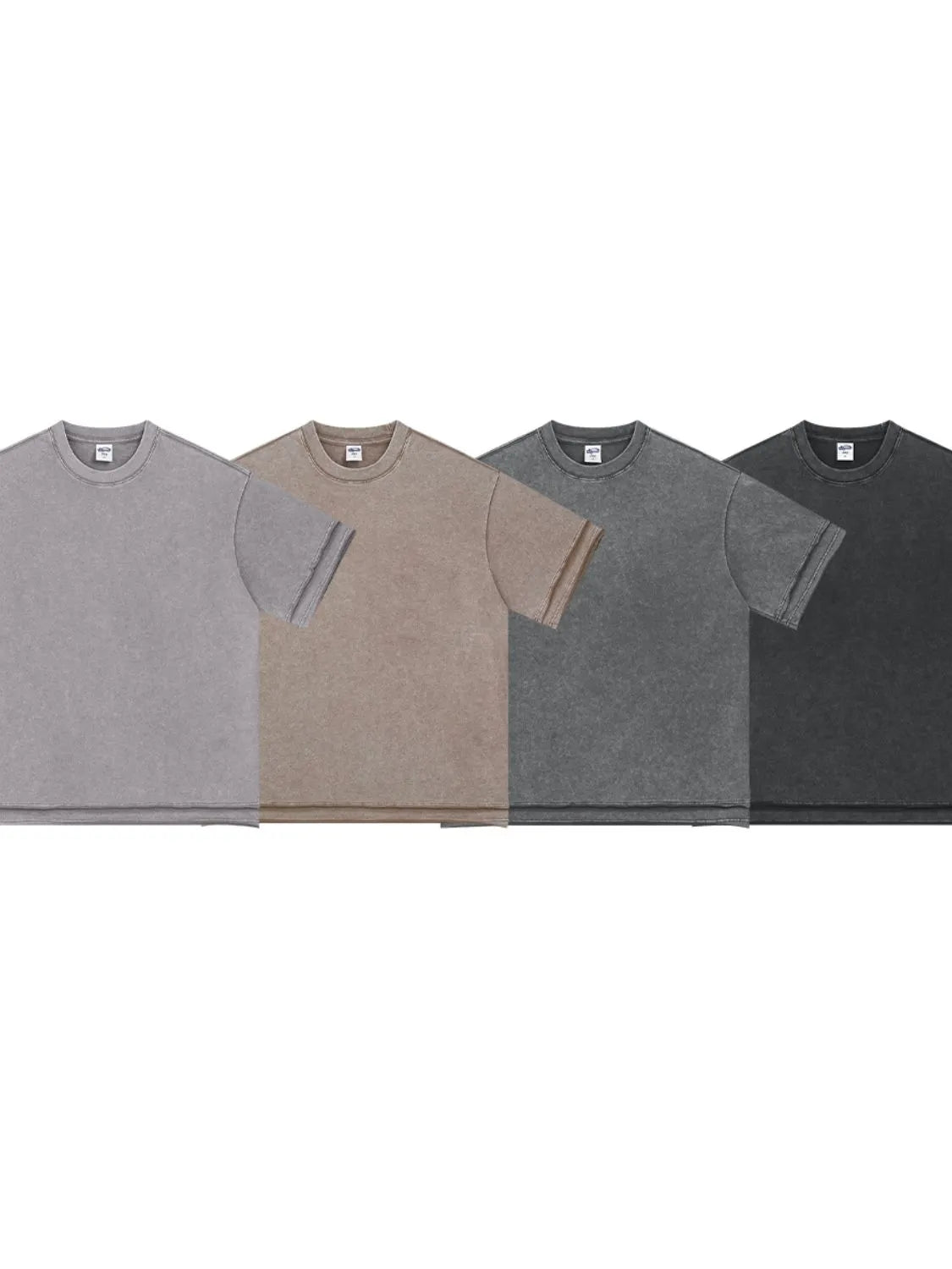 Washed cotton tee with raw edges in black, mocha, gray, and dark gray.