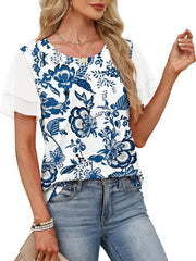 Blue floral print t-shirt with sheer ruffled short sleeves and a crew neck.