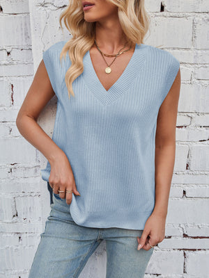 Light blue ribbed V-neck sweater vest with a casual fit.