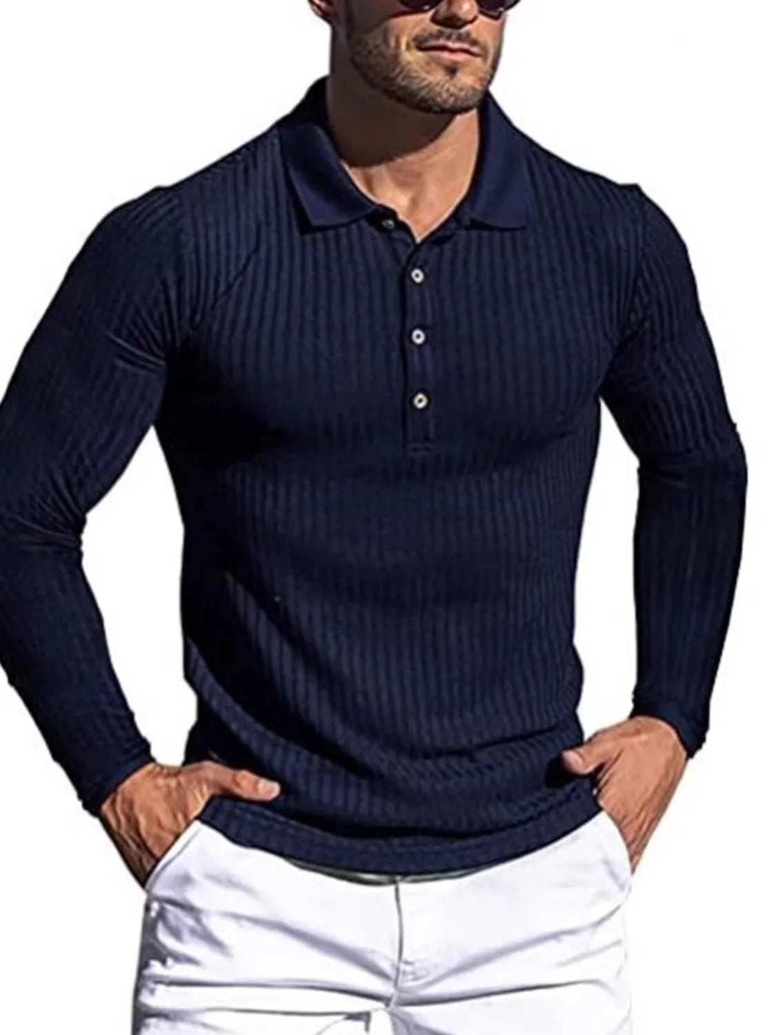 Navy ribbed long sleeve polo shirt with button placket and sculpted fit.