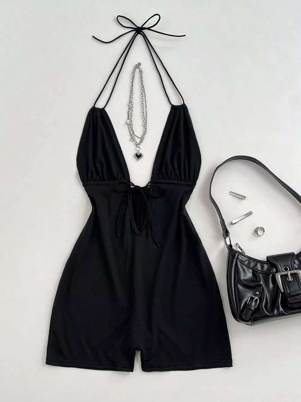 Tied Front Halter Neck Romper, back view
