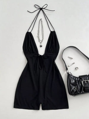 Tied Front Halter Neck Romper, back view