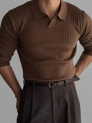 Brown ribbed knit polo shirt with a spread collar and long sleeves.