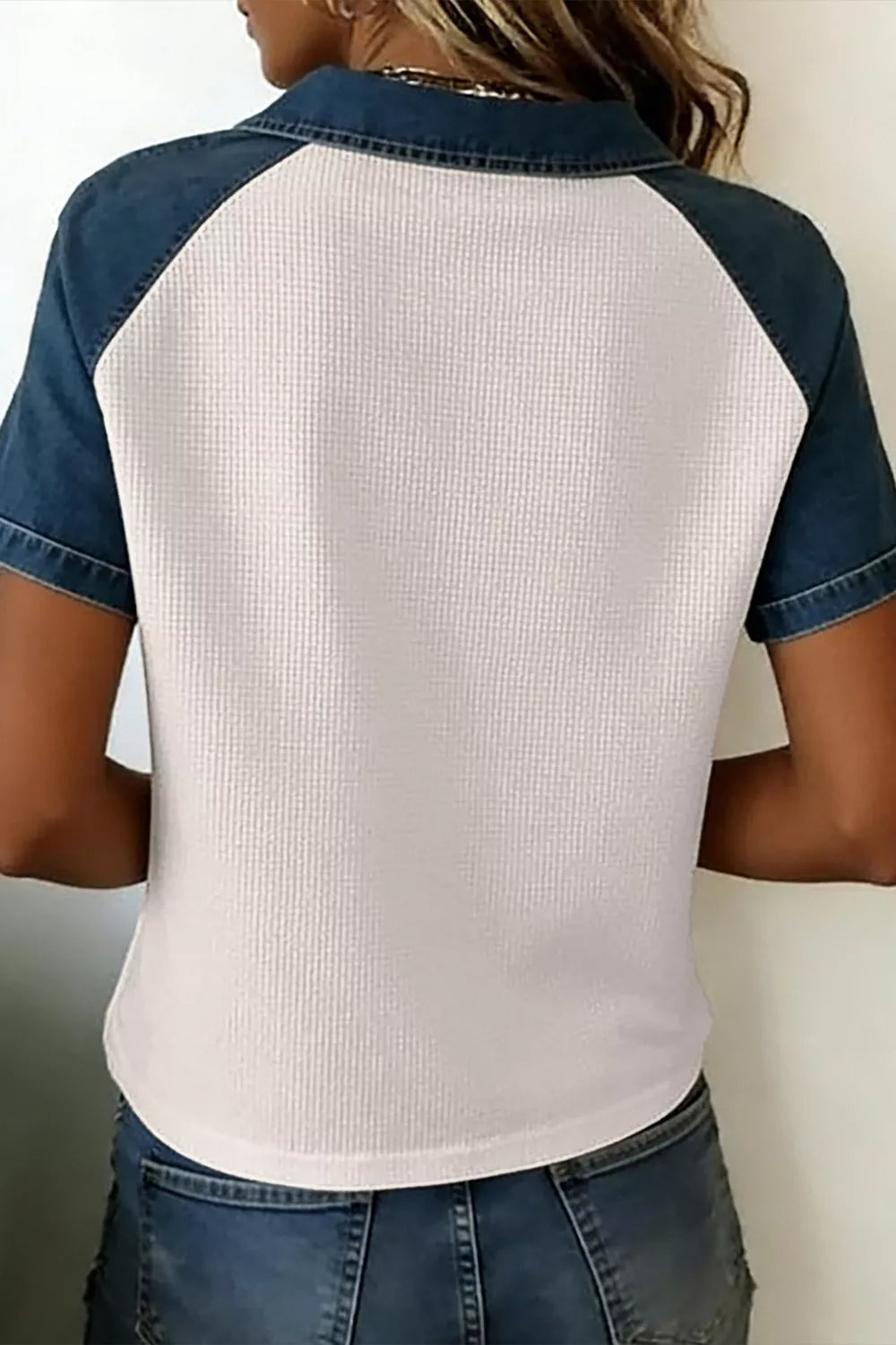 Textured Color Block Denim Polo Collar Tee, model styling view