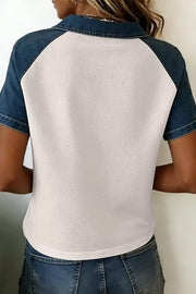 Textured Color Block Denim Polo Collar Tee, model styling view