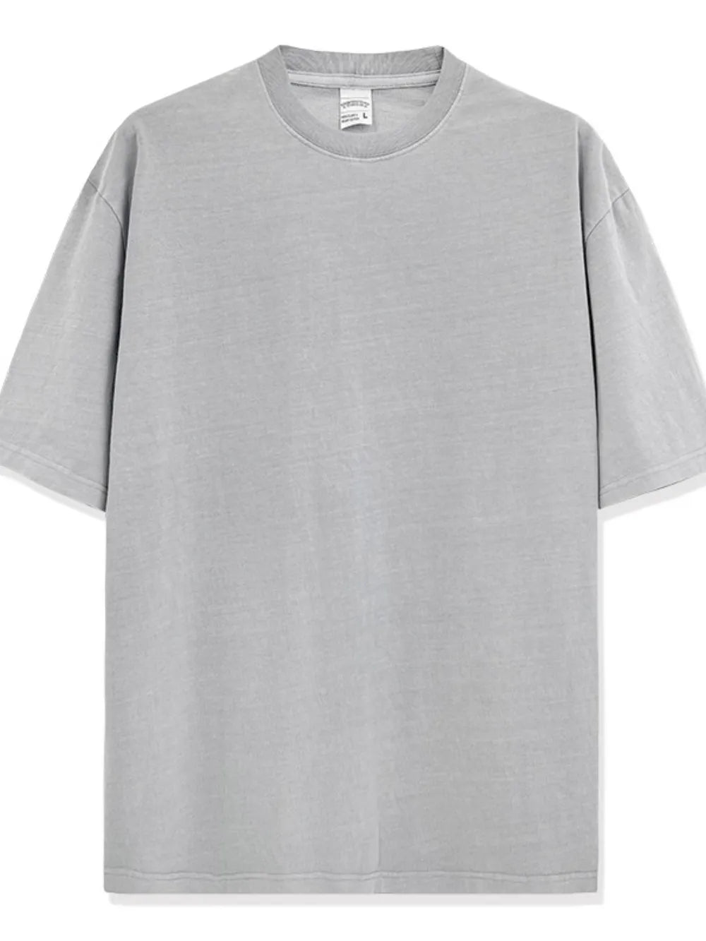 Oversized gray pigment-dyed crewneck t-shirt with short sleeves and a relaxed fit.