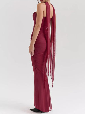 Burgundy ruched sweetheart neckline maxi dress with flowing sheer sleeves.