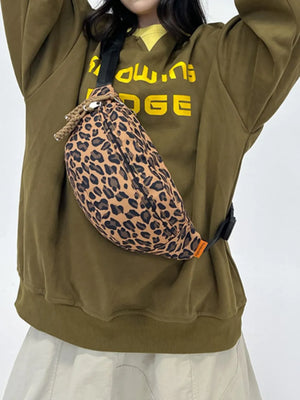 Pleated leopard print sling bag with rope detail and adjustable strap