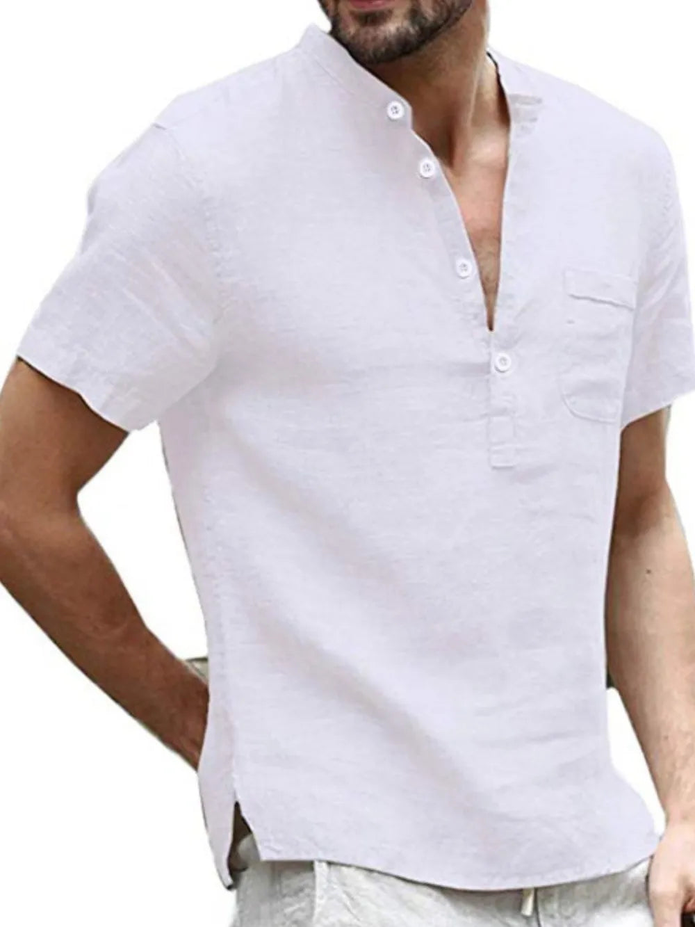 Linen henley shirt in Ivory with short sleeves, button placket, and chest pocket.