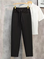 Black straight-leg cargo pants with elastic waistband and back pockets.